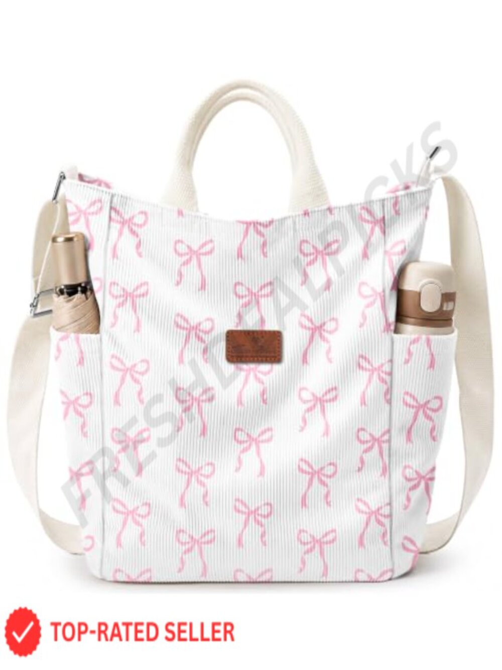 Large Vertical Corduroy Crossbody Tote Bag with Zipper and Side Pockets